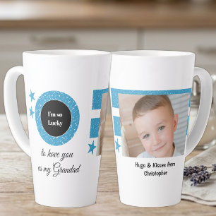 Caneca De Café Latte Azul branco tão sortudo Vovô com foto