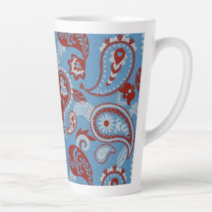 Caneca De Café Latte Azul branco vermelho tradicional linocut de salada