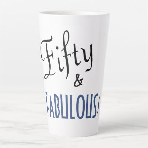 Caneca De Café Latte Azul Chic e Branco Cinquenta e FABULOSO! 50º anive