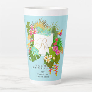 Caneca De Café Latte Azul de Monograma Tropical Garden