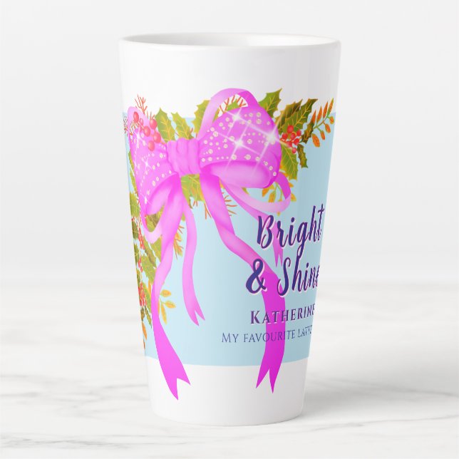 Caneca De Café Latte Azul de Natal com Faixa Rosa brilhante (Frente)