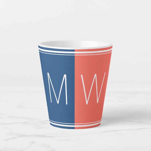 Caneca De Café Latte Azul e Coral | Moderno | Motivação | MONOGRAMA (Frente)