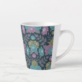Caneca De Café Latte Azul Escuro, Verde e Floral Púrpura
