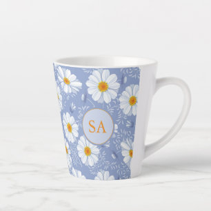 Caneca De Café Latte Azul Floral Monograma, Laranja, Branco