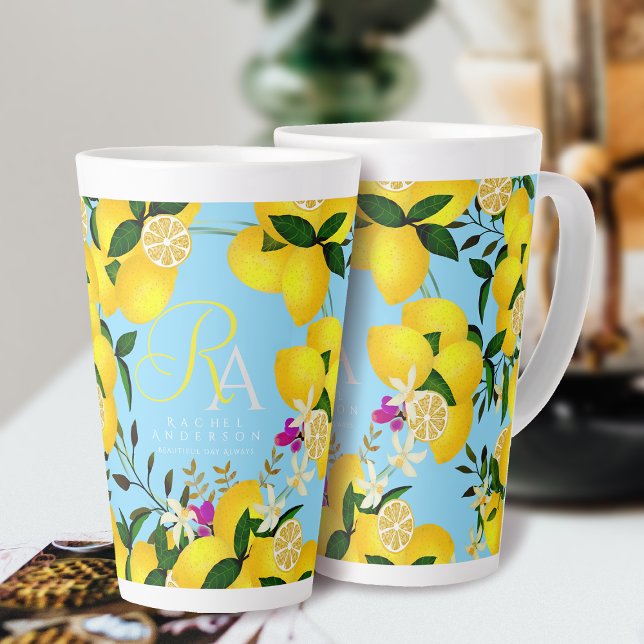 Caneca De Café Latte Azul-limão-monograma (Lemon Monogram Blue Latte Mug. )