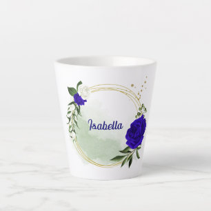 Caneca De Café Latte azul real & flores brancas folhagens
