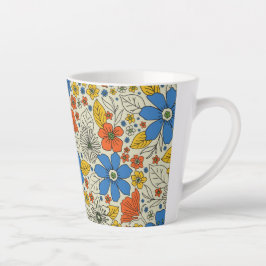 Caneca De Café Latte Azul Retroativo, Amarelo e Laranja Floral
