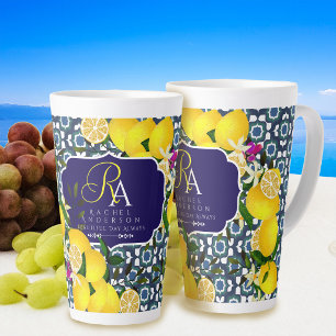 Caneca De Café Latte Azulejos Mediterrâneos Limão Azul-Marinho