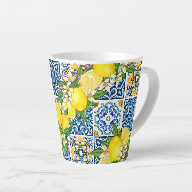 Caneca De Café Latte Azulejos Sicilianos do Mediterrâneo, limões de cit (Ângulo direito)