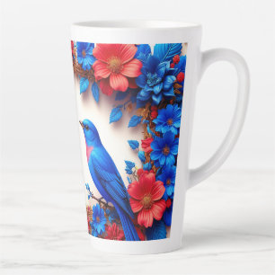 Caneca De Café Latte Azulões Vibrantes Descansando Entre Flores Colorid
