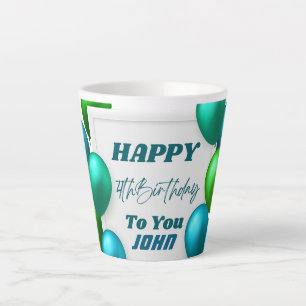 Caneca De Café Latte Balões Azuis e Verdes 4º Aniversário Nome Personal