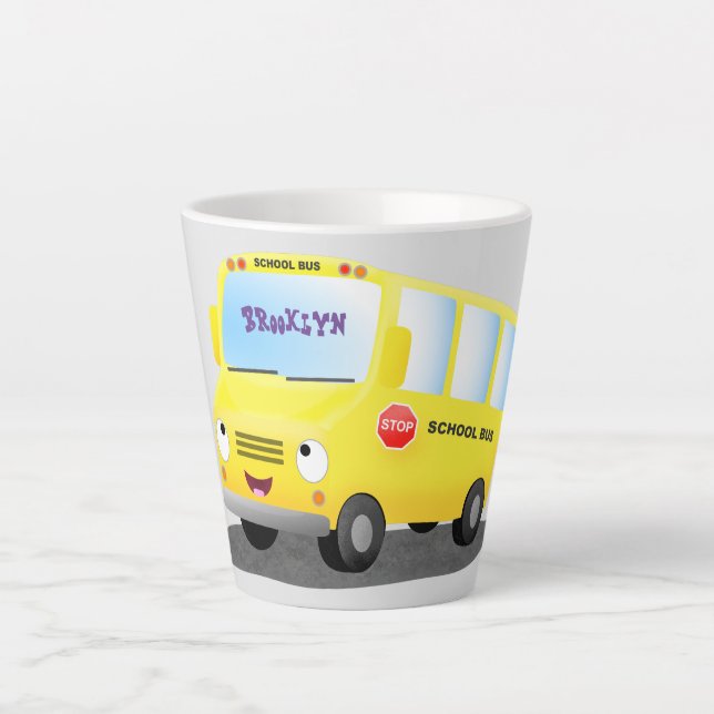 Caneca De Café Latte Banda branca e feliz de ônibus escolar amarelo (Frente)