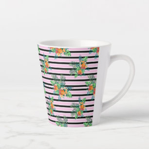 Caneca De Café Latte Bandas Florais Pretas e Rosa