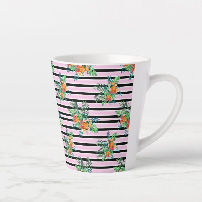 Caneca De Café Latte Bandas Florais Pretas e Rosa (Direita)