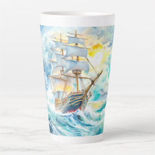 Caneca De Café Latte Barco à Vela Antigo na Tempestade