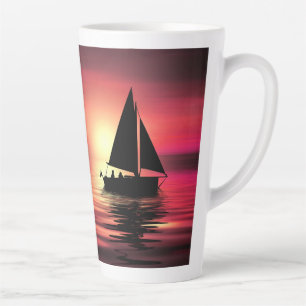 Caneca De Café Latte Barco à Vela ao Pôr do Sol no Mar Projeto de Arte