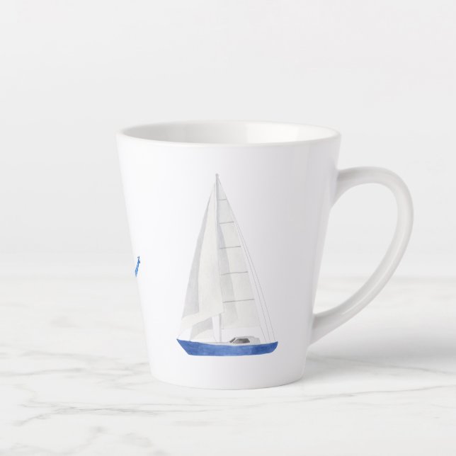 Caneca De Café Latte Barco à Vela e Âncora Azul Náutico (Direita)