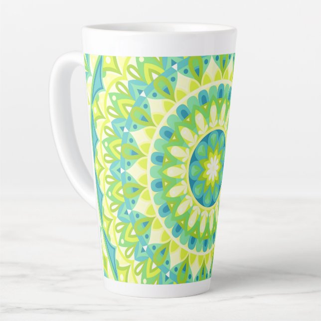 Caneca De Café Latte Base Verde Mandala (Ângulo esquerdo)
