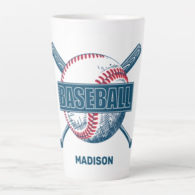 Caneca De Café Latte Baseball de nome personalizado (Frente)