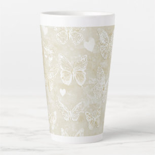 Caneca De Café Latte Bastante Romântico Creme Marfim Borboletas Coraçõe