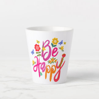 Caneca De Café Latte Be Happy – Colorful Floral and Butterfly Boho 