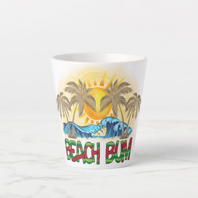 Caneca De Café Latte Beach Bum | Melancia, Ondas Oceânicas e Sol Tropic (Frente)