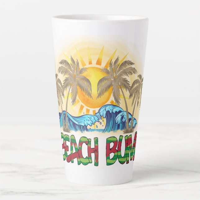 Caneca De Café Latte Beach Bum | Melancia, Ondas Oceânicas e Sol Tropic (Frente)