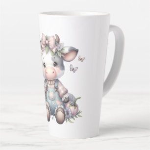 Caneca De Café Latte Bebê Vaca Fofo com Macacão e Flores em Tons Pastéi