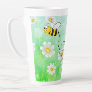 Caneca De Café Latte Bee Kind Texto floral verde de cartoon de insetos