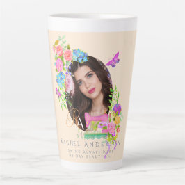 Caneca De Café Latte Beige Fotográfico do Monograma Floral da Faixa de 