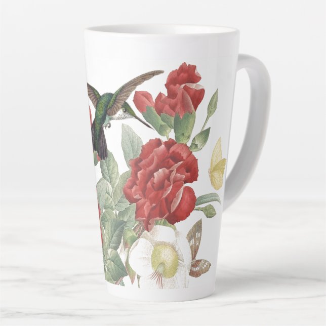 Caneca De Café Latte Beija-flor-Rosa vermelha-borboleta Flores (Ângulo direito)
