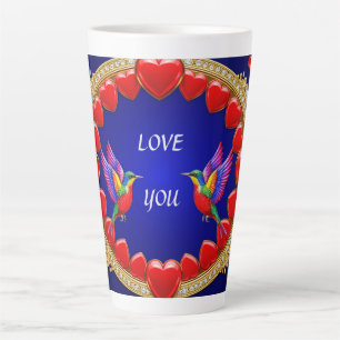 Caneca De Café Latte Beija-flores Coloridos Rodeados por Coração Românt