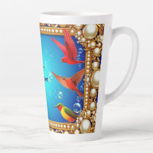 Caneca De Café Latte Beija-flores Vibrantes em Moldura Ornamentada com 