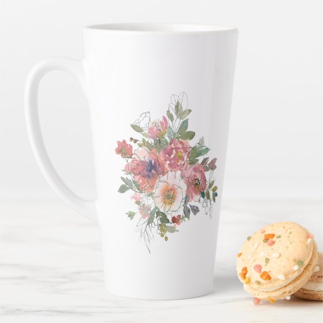 Caneca De Café Latte Bela arte de buquê de flores em aquarela elegante (In Situ)