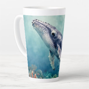 Caneca De Café Latte Bela Ilustração de Baleia com Impasto Oceânico