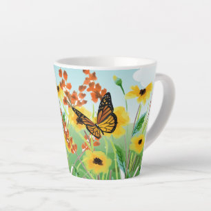 Caneca De Café Latte Belas Flores Amarelas Céu Azul e Borboleta