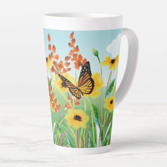 Caneca De Café Latte Belas Flores Amarelas Céu Azul e Borboleta (Ângulo direito)