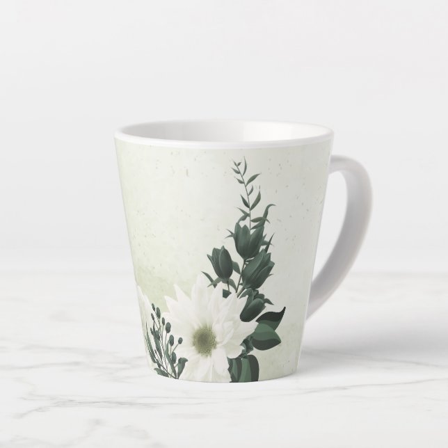 Caneca De Café Latte Belas flores brancas folhas verdes (Ângulo direito)
