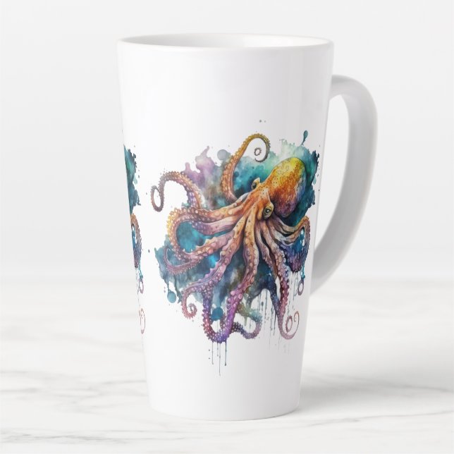 Caneca De Café Latte Belo Octopus De Aquarela (Ângulo direito)