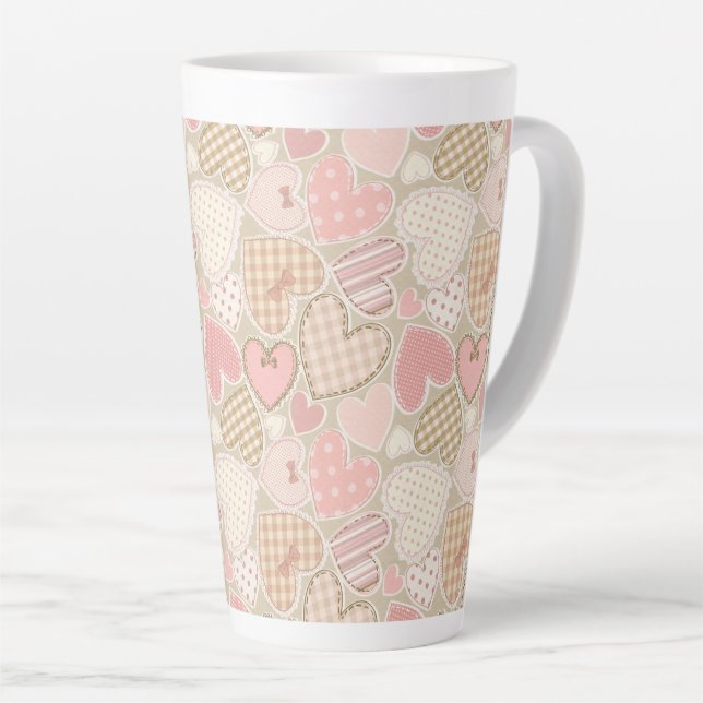 Caneca De Café Latte Belo "Patchwork Quilt Pattern Pink Hearts" Arcos (Ângulo direito)