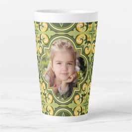 Caneca De Café Latte Belos Azulejos em oliva e amarelo, foto personaliz