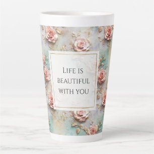 Caneca De Café Latte Belos Rosas Românticos Cinza Rosa Românticos