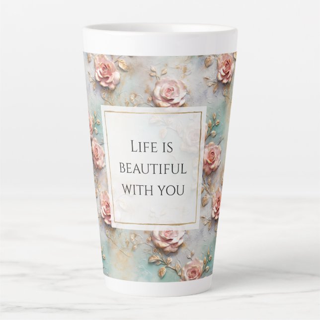 Caneca De Café Latte Belos Rosas Românticos Cinza Rosa Românticos (Frente)