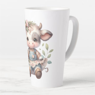 Caneca De Café Latte Bezerro Kawaii Farmcore em Vestido Floral Vintage