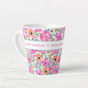 Caneca De Café Latte Bisavó Floral Rosa Laranja Verde