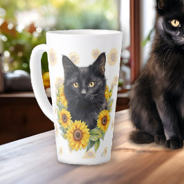 Caneca De Café Latte Black Cat Sunflower dizendo