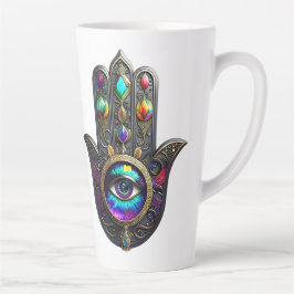 Caneca De Café Latte Black Gold Colorful Hamsa w/ Sapphire Third Eye 