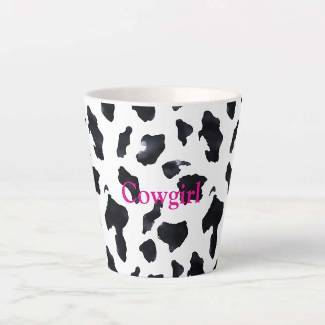 Caneca De Café Latte Black White Cow Print Cowgirl (Frente)
