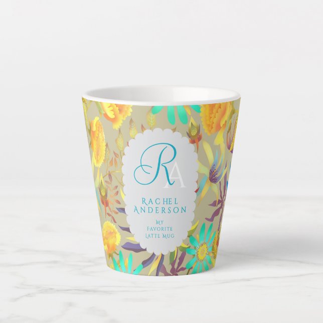 Caneca De Café Latte Blooming Mystical Floral Monogram Grey Latte Mug (Frente)