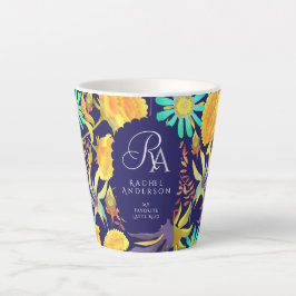 Caneca De Café Latte Blooming Mystical Floral Monogram Navy Latte Mug